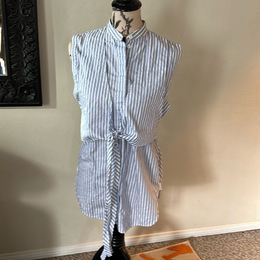 Helmut Lang Tie-front Cotton Poplin Shirt Sleeveless Striped Blue